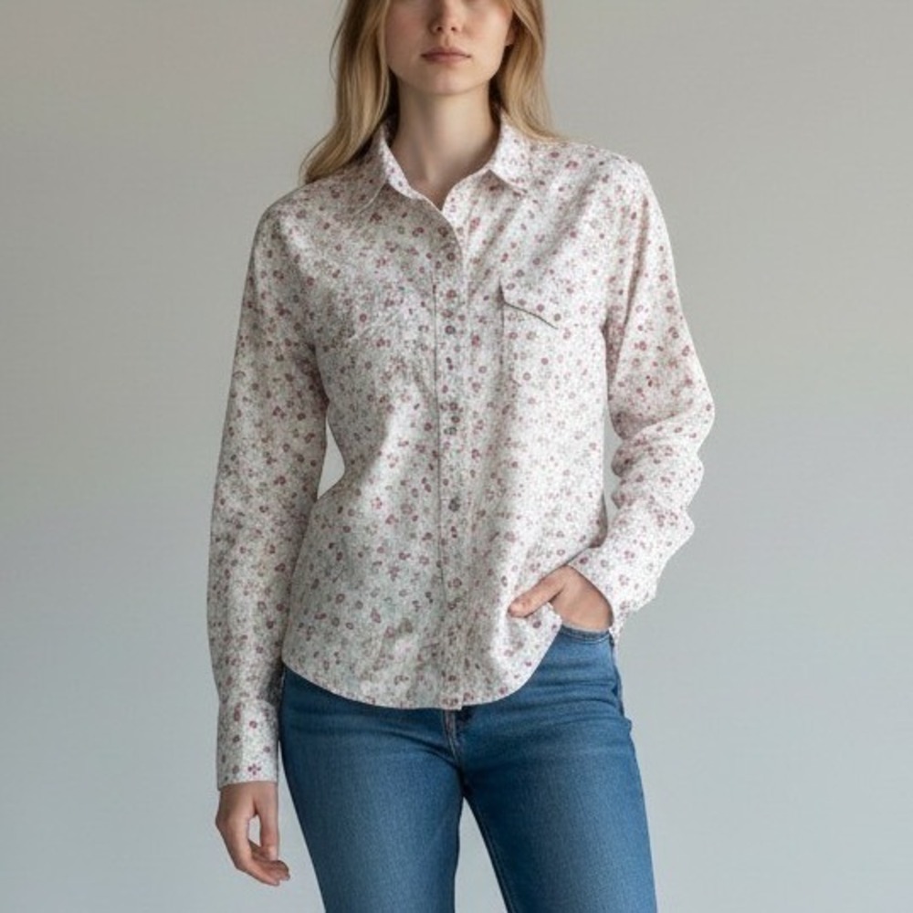 VTG Polo Jeans Co Ralph Lauren Floral Western Pearl Snap Shirt Cream Pink Blue M